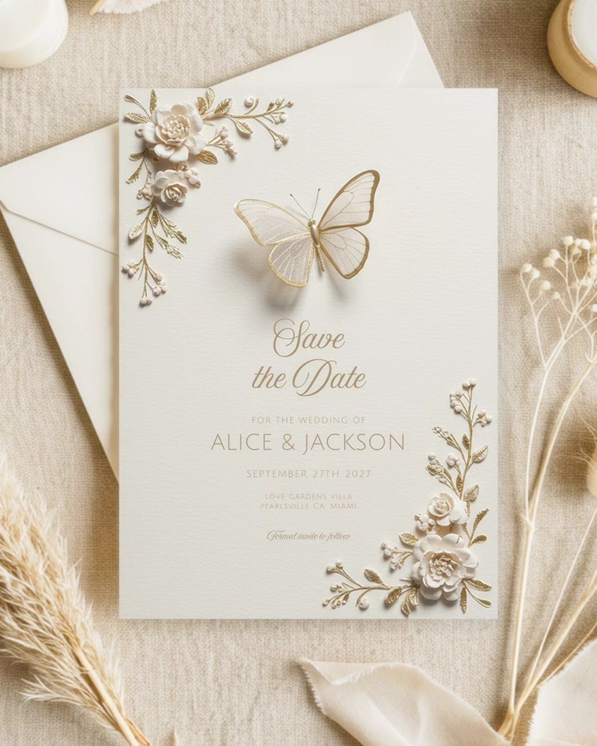 White save the date card with gold foil lettering and a 3D butterfly ornament.