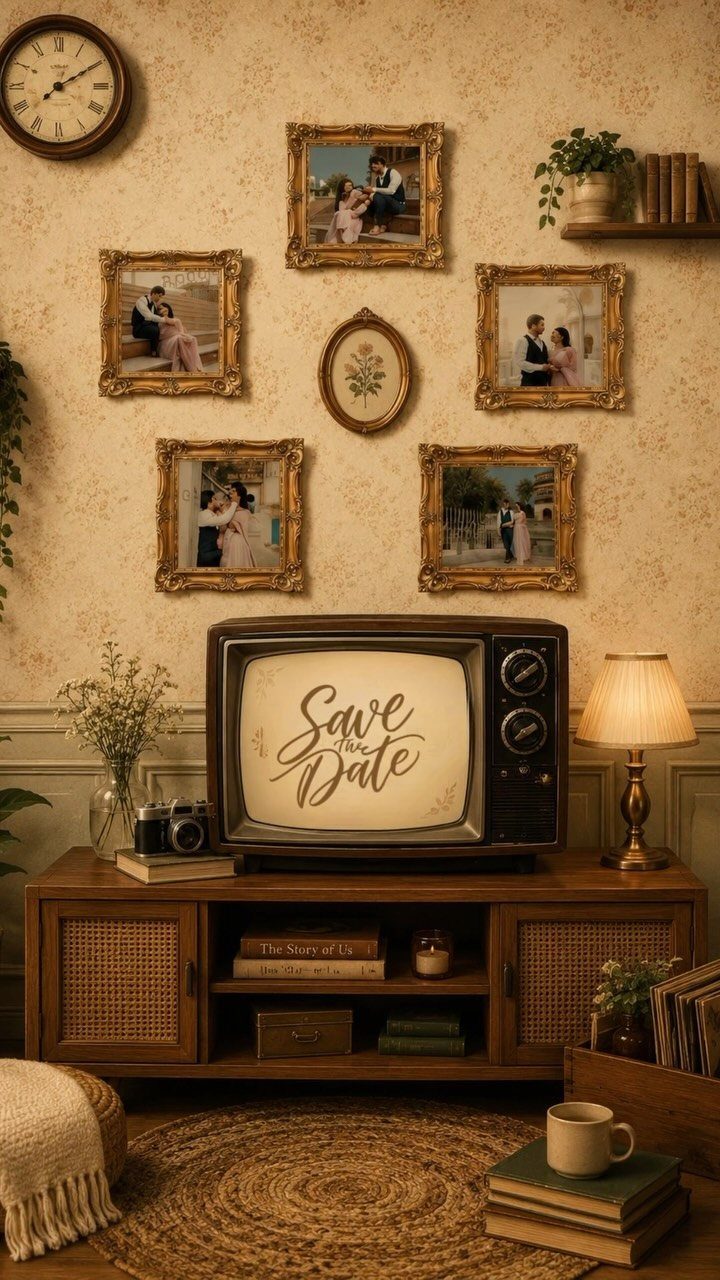 Retro television displaying Save the Date text in a vintage room with framed photos.