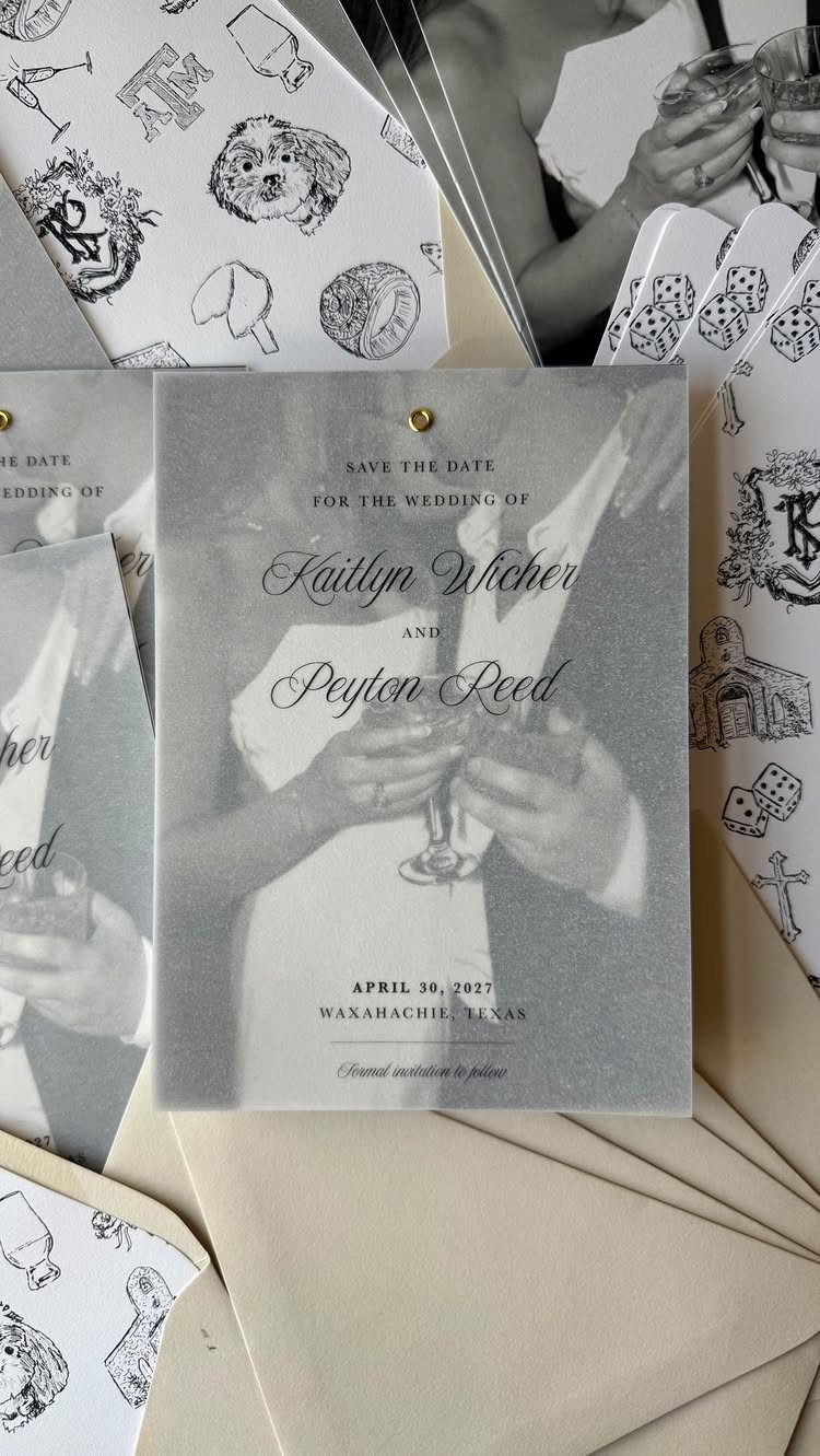 Translucent vellum save the date cards with a black and white couple photo