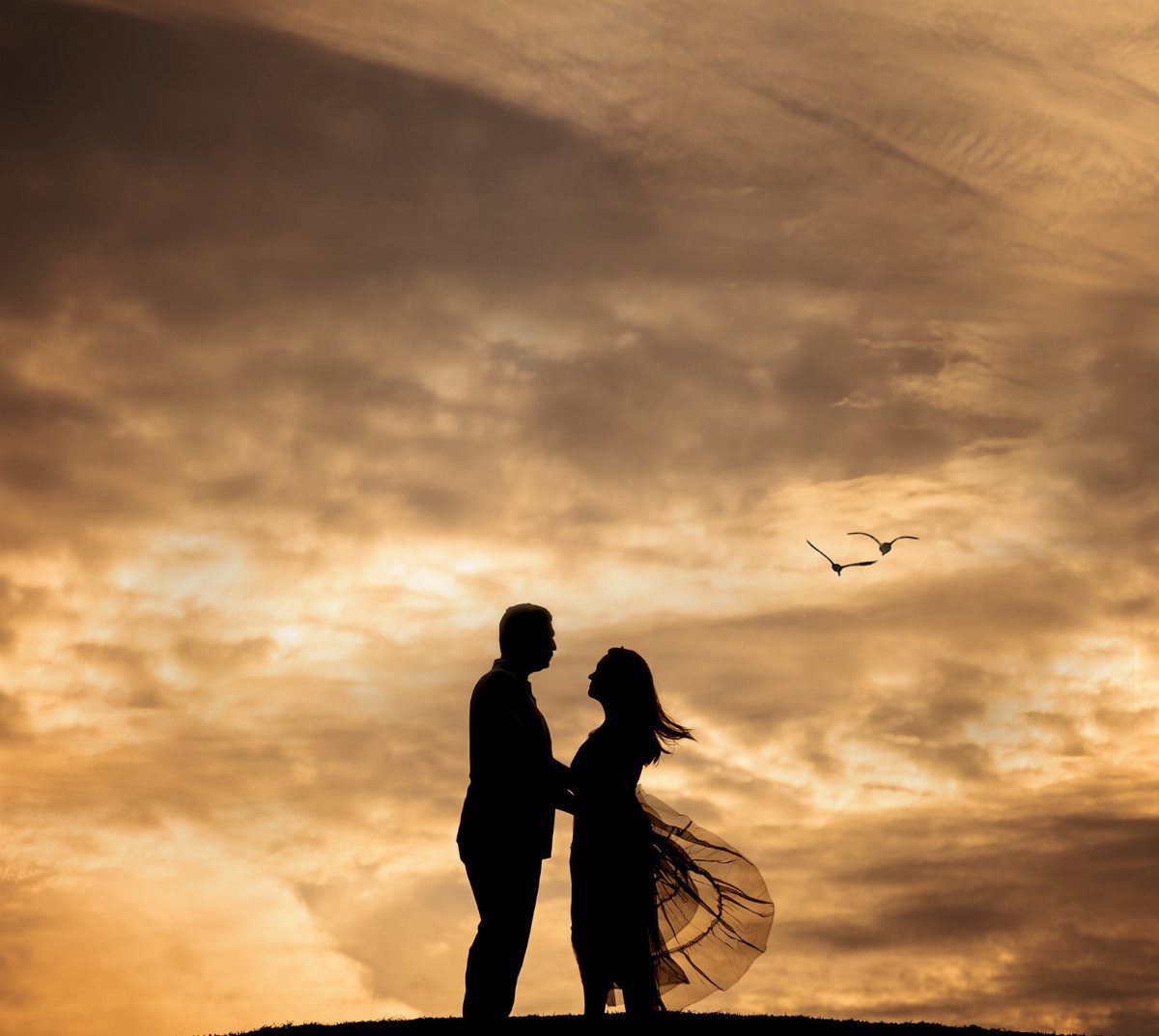 Couple in silhouette facing each other against a golden sunset sky with birds.