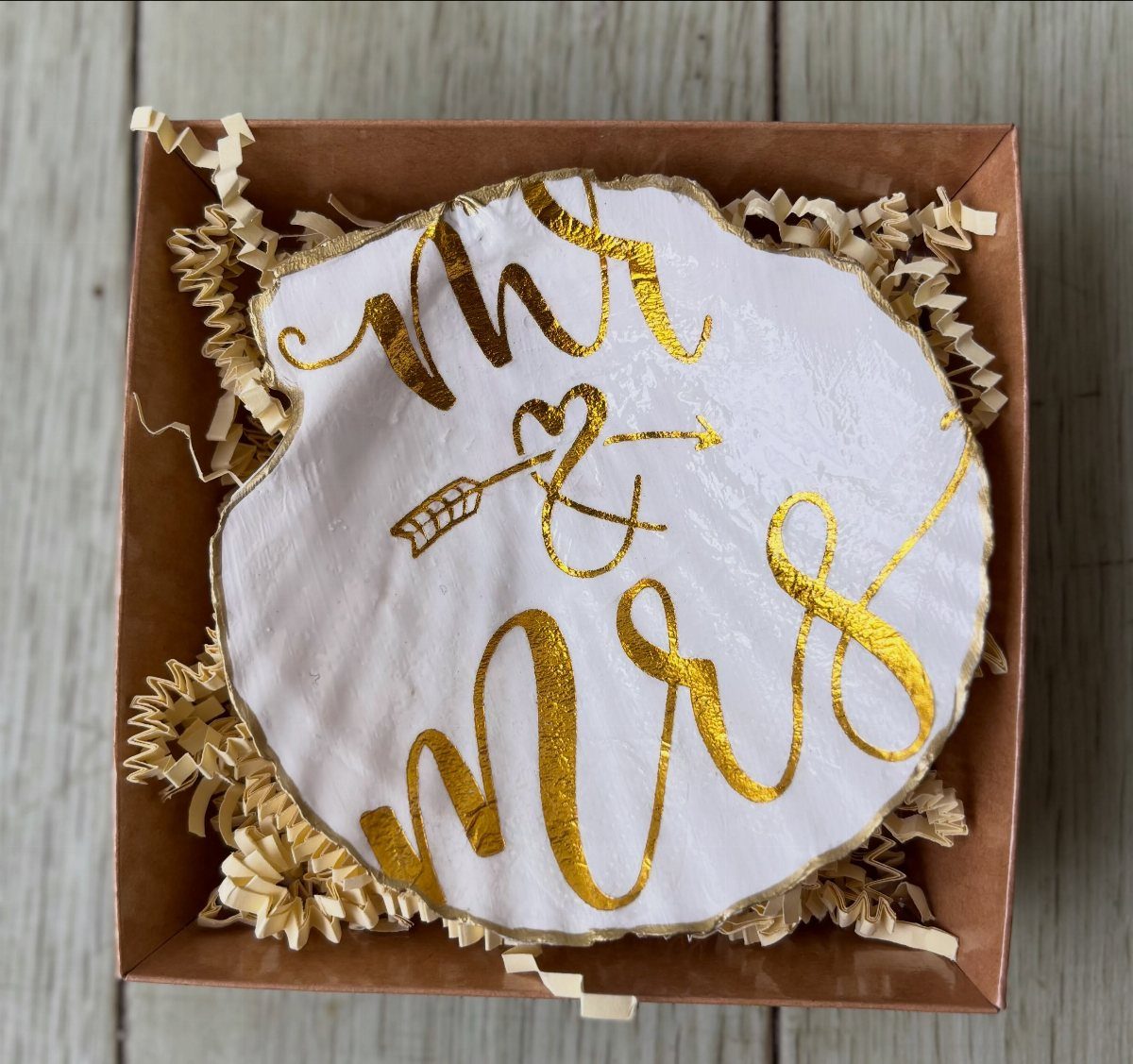 White ceramic trinket dish with gold Mr and Mrs lettering in a gift box
