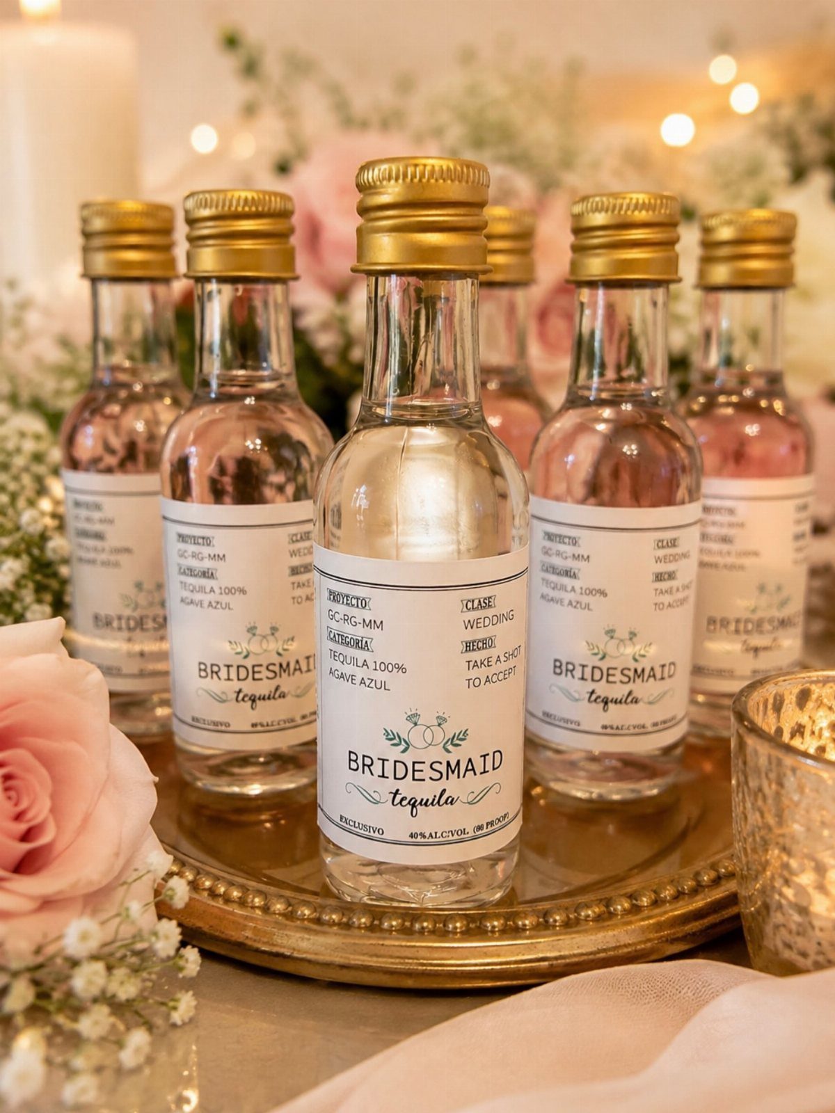 Mini tequila bottles with bridesmaid labels on a gold tray with pink roses.