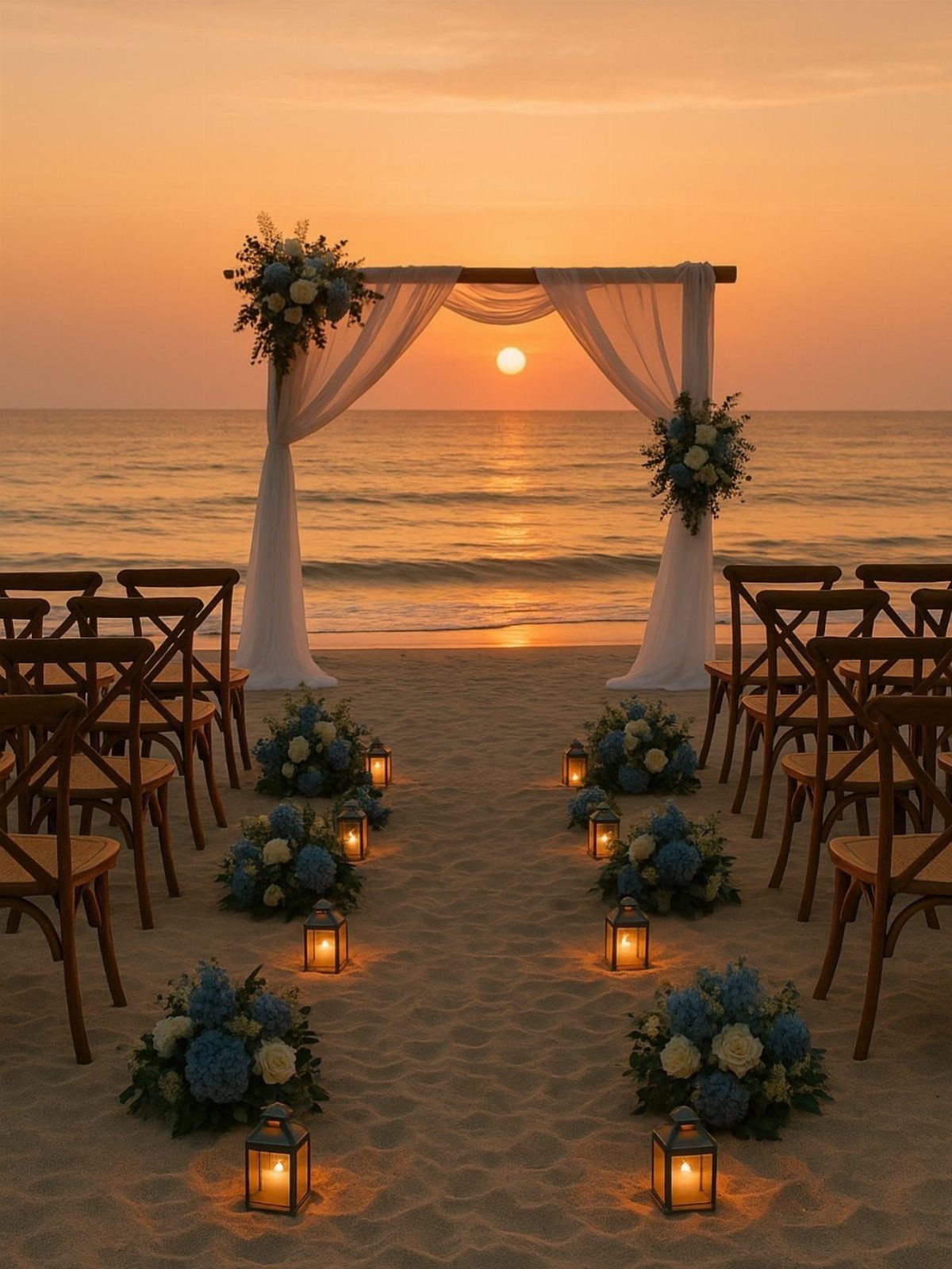 Beach wedding ceremony setup with white arch, blue flowers, and lanterns at sunset.