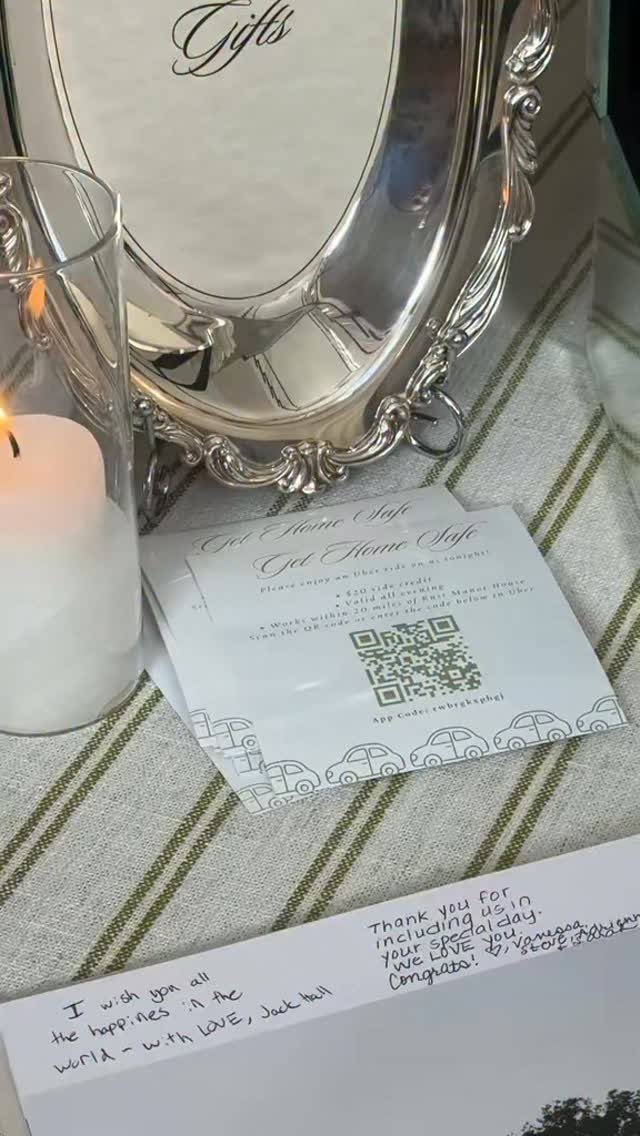 Get Home Safe transport cards next to a silver gift sign and candle.