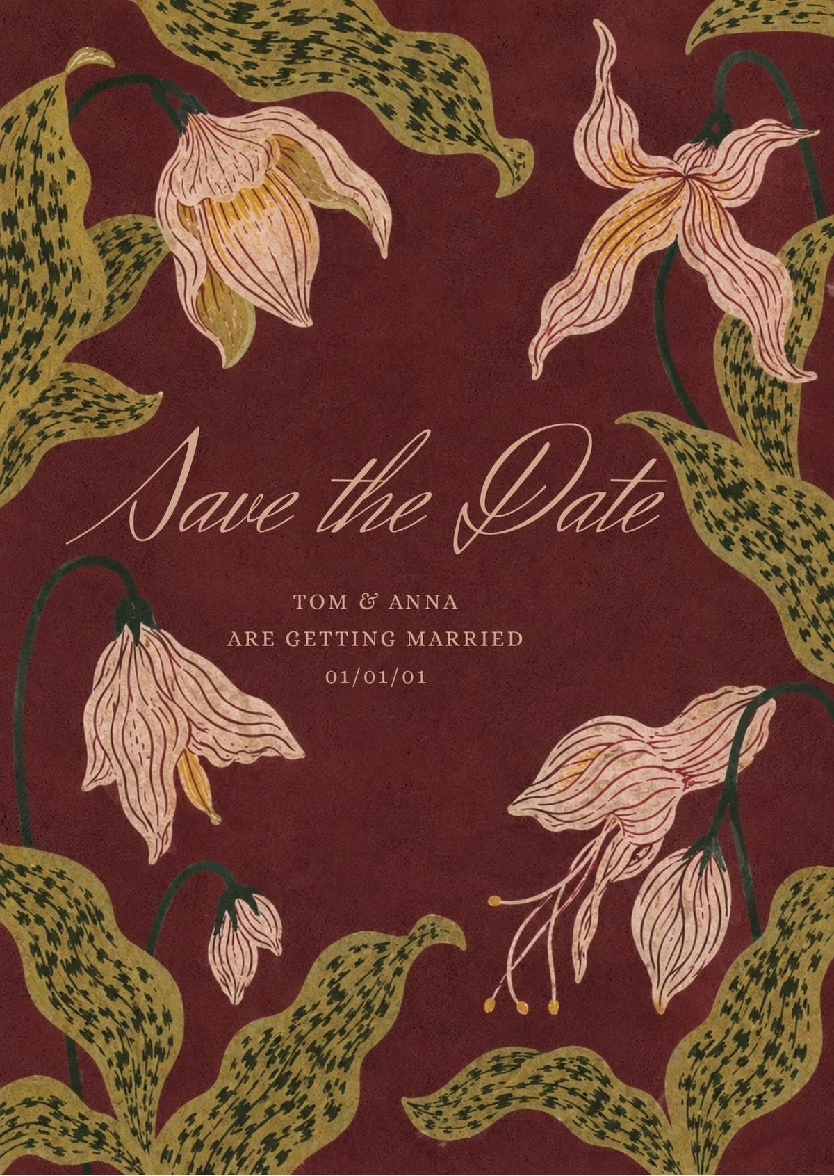 Burgundy save the date card with cream floral illustrations and textured paper background.