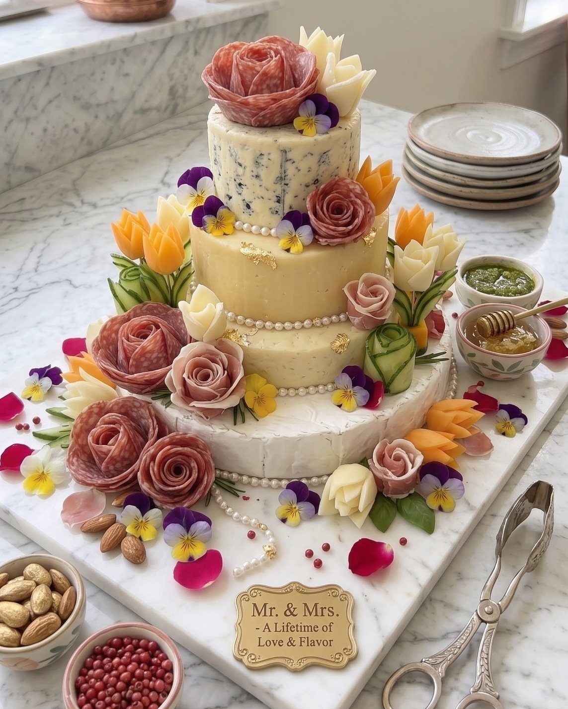 Three-tiered cheese cake decorated with salami roses and edible flowers on marble.