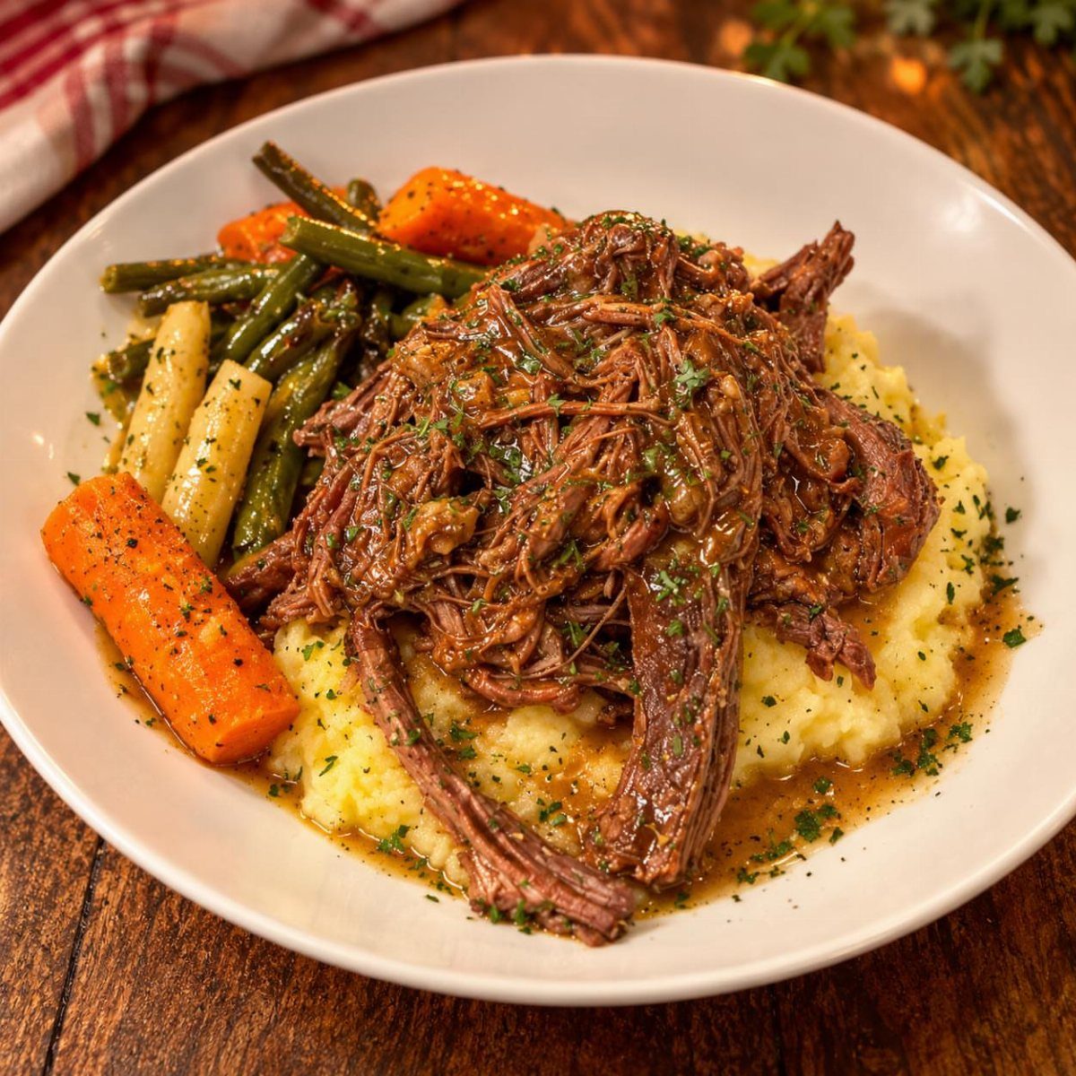 Shredded pot roast on mashed potatoes with carrots and green beans in a bowl.