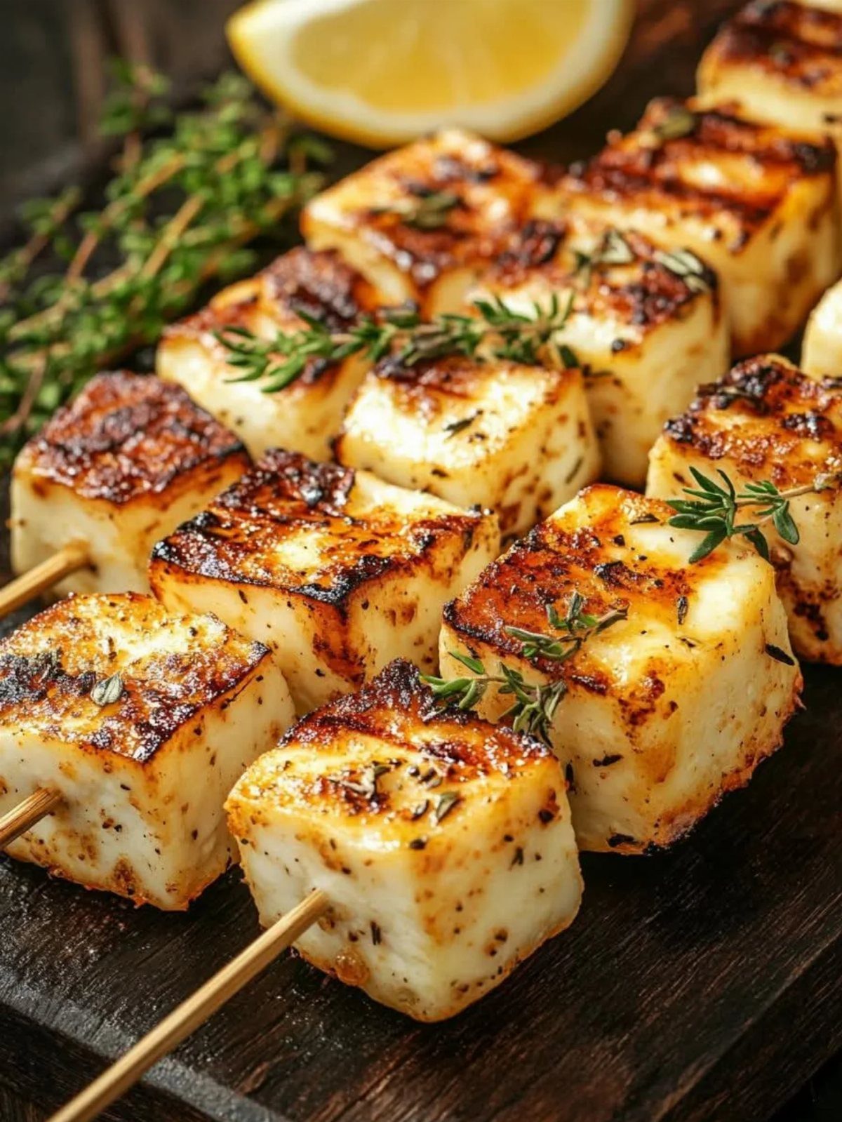 Grilled halloumi cheese cubes on skewers garnished with fresh thyme and lemon.