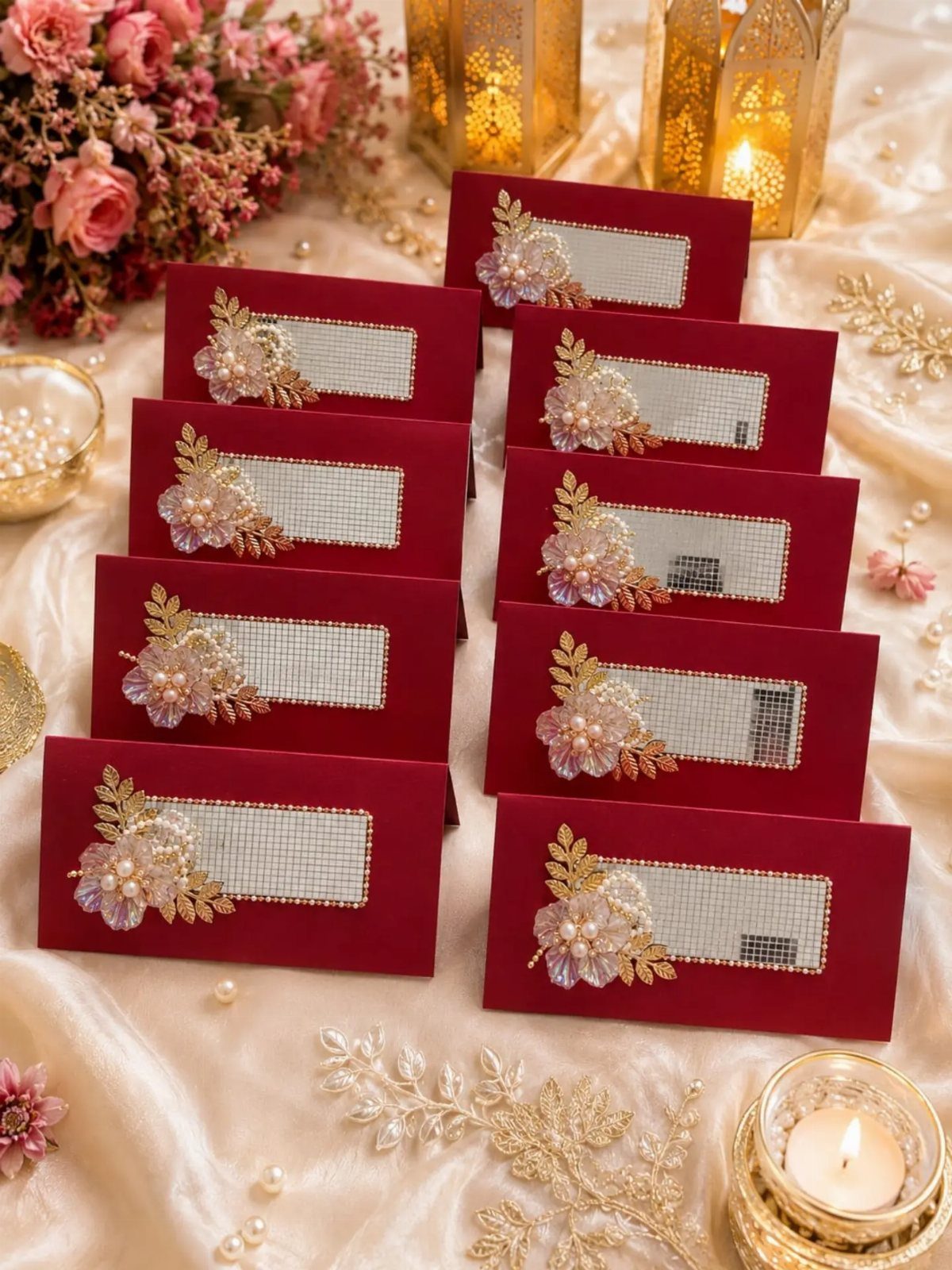 Deep red envelopes with white inserts and gold floral bead embellishments on cream fabric.