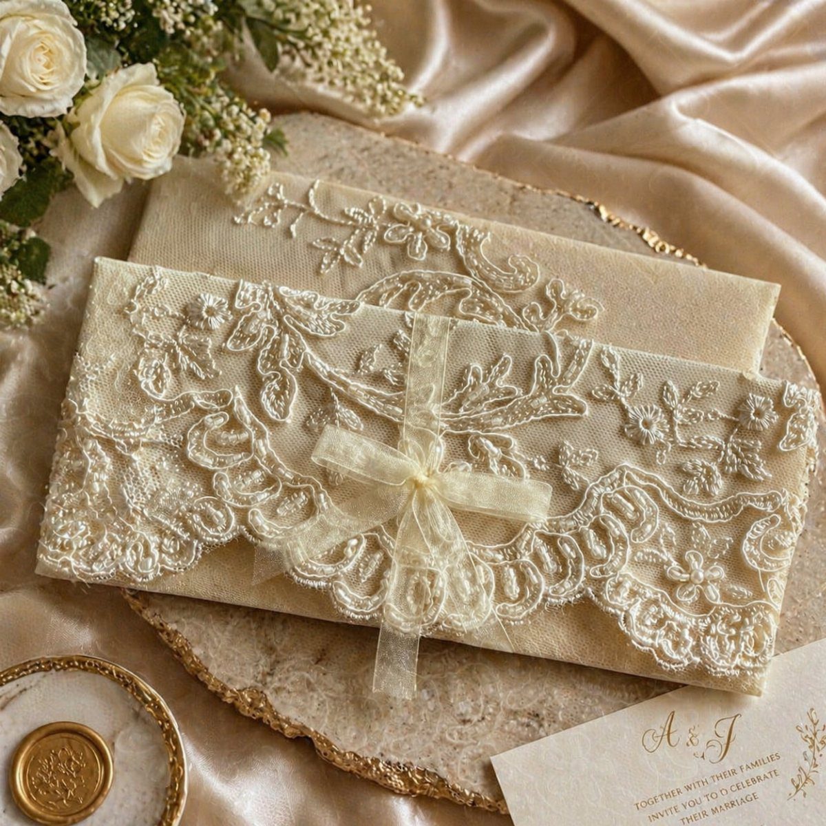Cream wedding invitations wrapped in white lace bands and tied with satin bows.