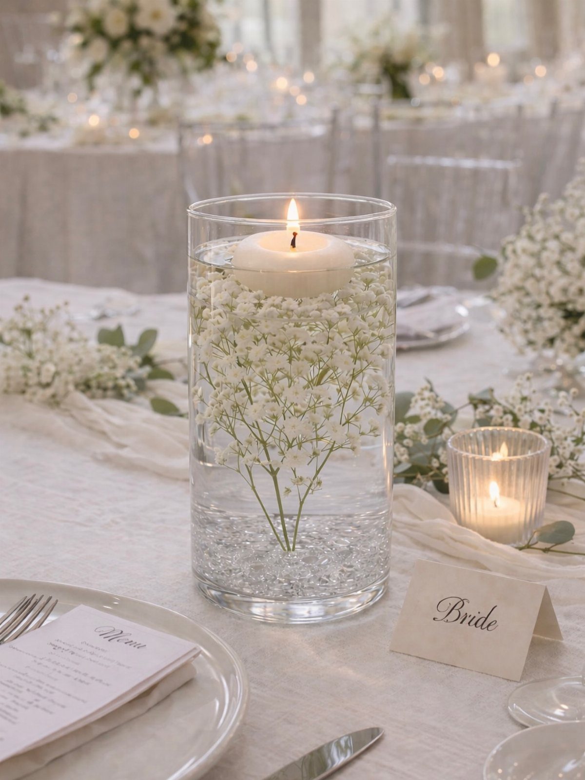Floating white candle in a glass vase with baby's breath on wedding table