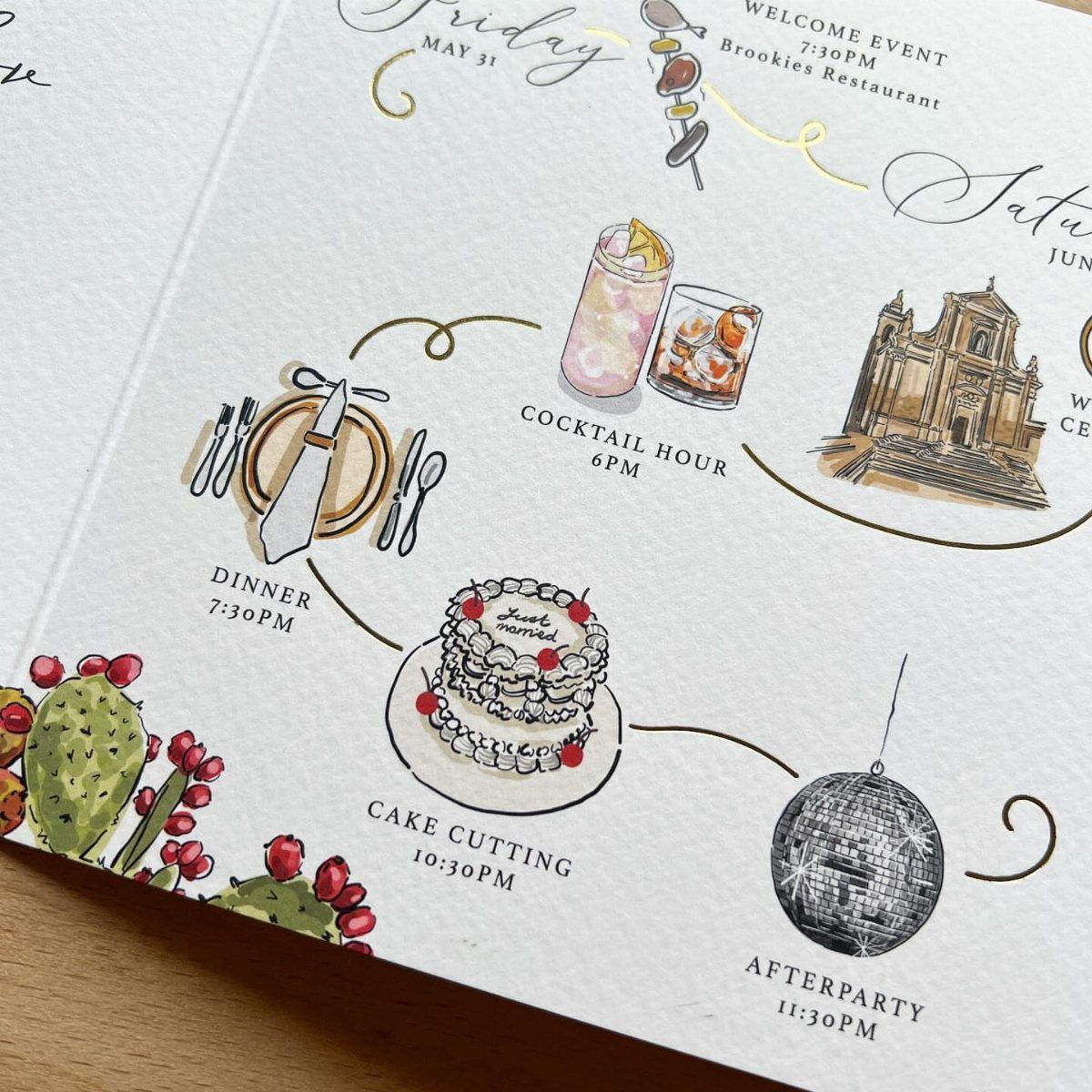 Illustrated wedding timeline with watercolor drawings of events and scheduled times on paper