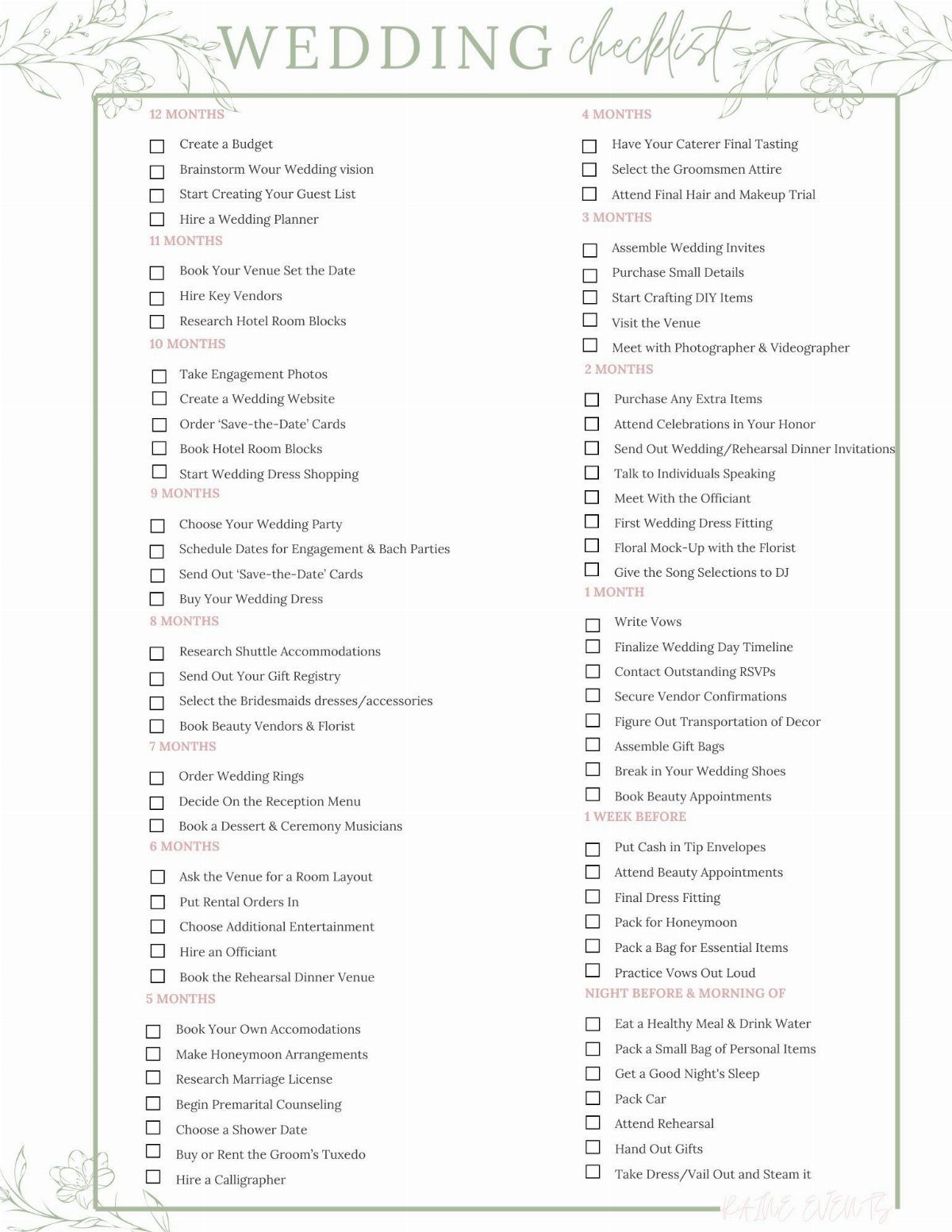 Wedding checklist document with monthly tasks and checkboxes and floral header decorations.