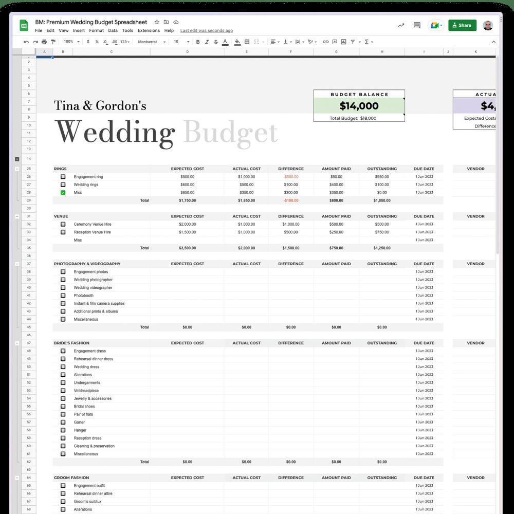 Wedding budget spreadsheet showing expense tracking for rings, venue, and photography costs.