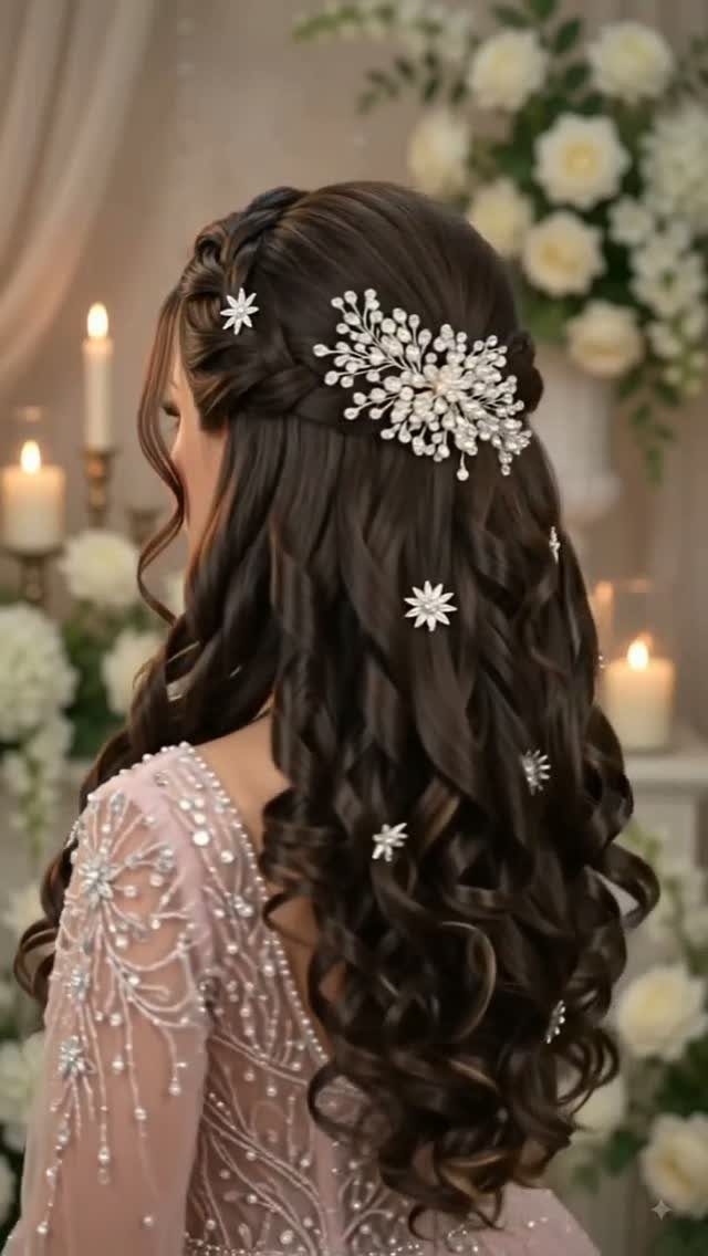 Woman with curly brown hair wearing a sparkling crystal bridal hairpiece and beaded dress.