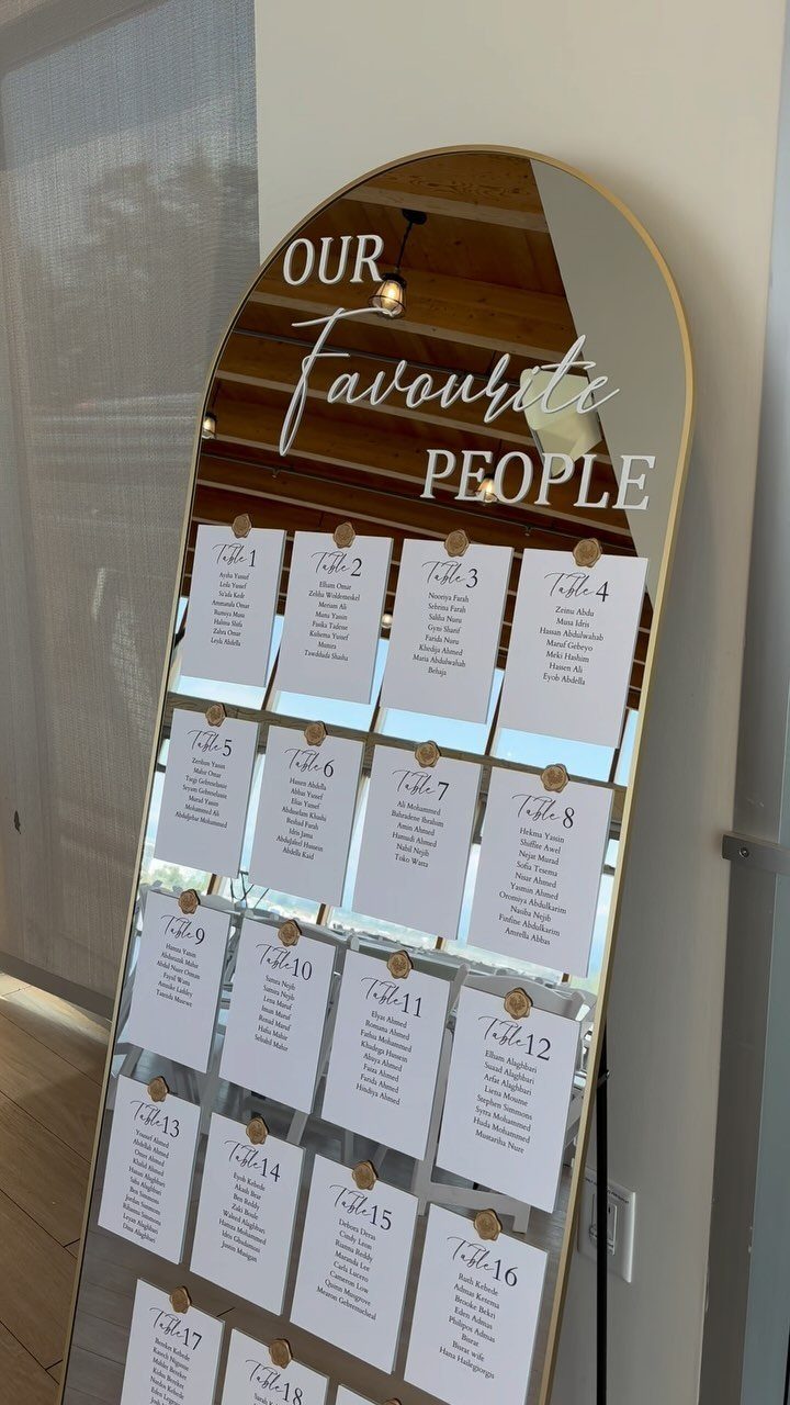 Arched gold mirror seating chart with white table assignment cards and white lettering
