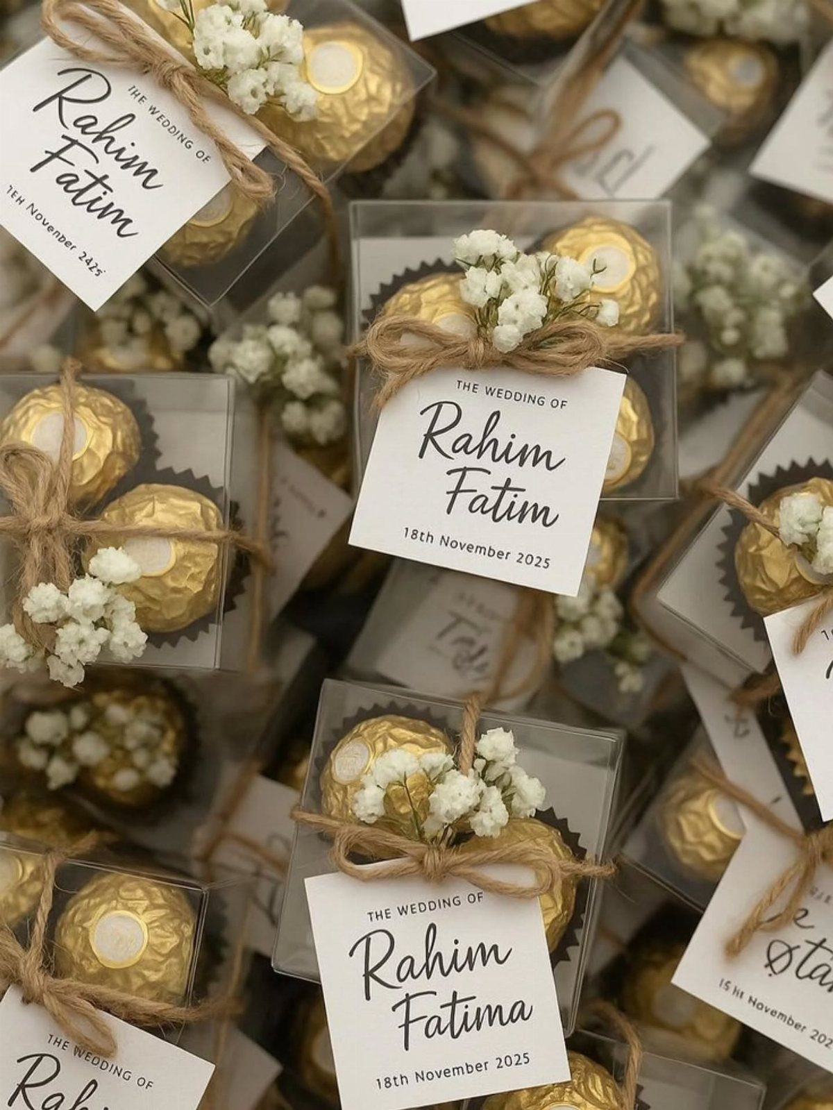 Gold wrapped chocolates in clear boxes with twine, white flowers, and personalized tags.