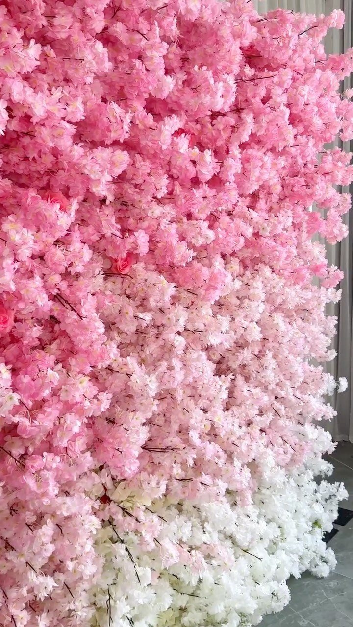 Floral wall of pink and white cherry blossoms used as a decorative backdrop.