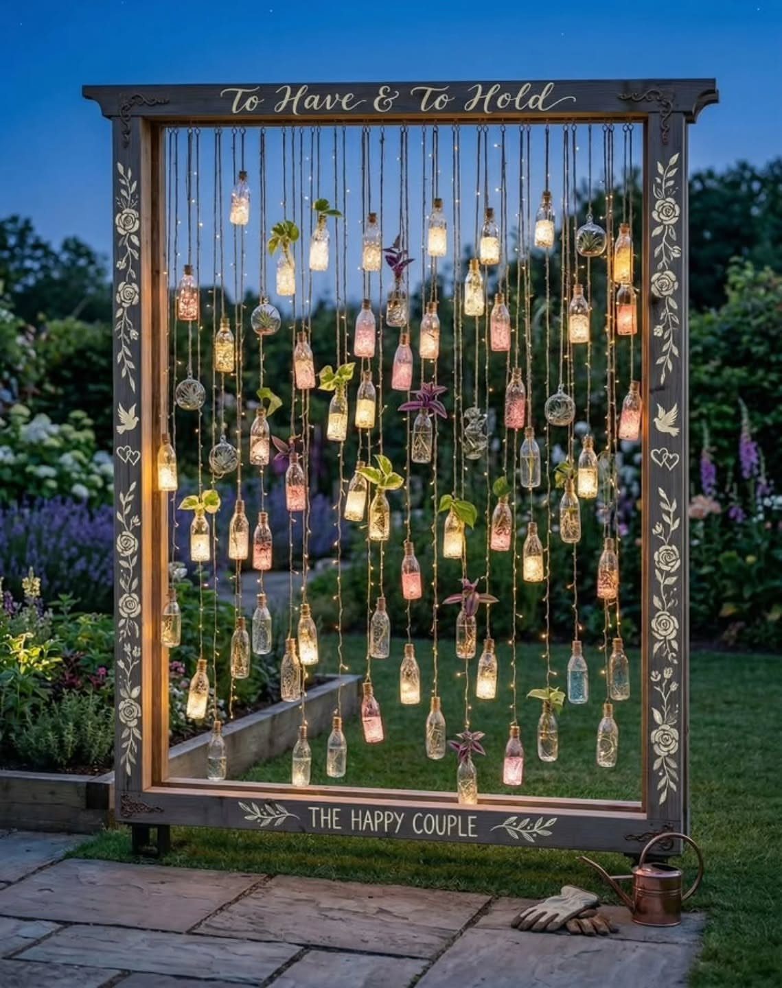 Wooden frame with hanging glowing bottles and flowers in a garden setting