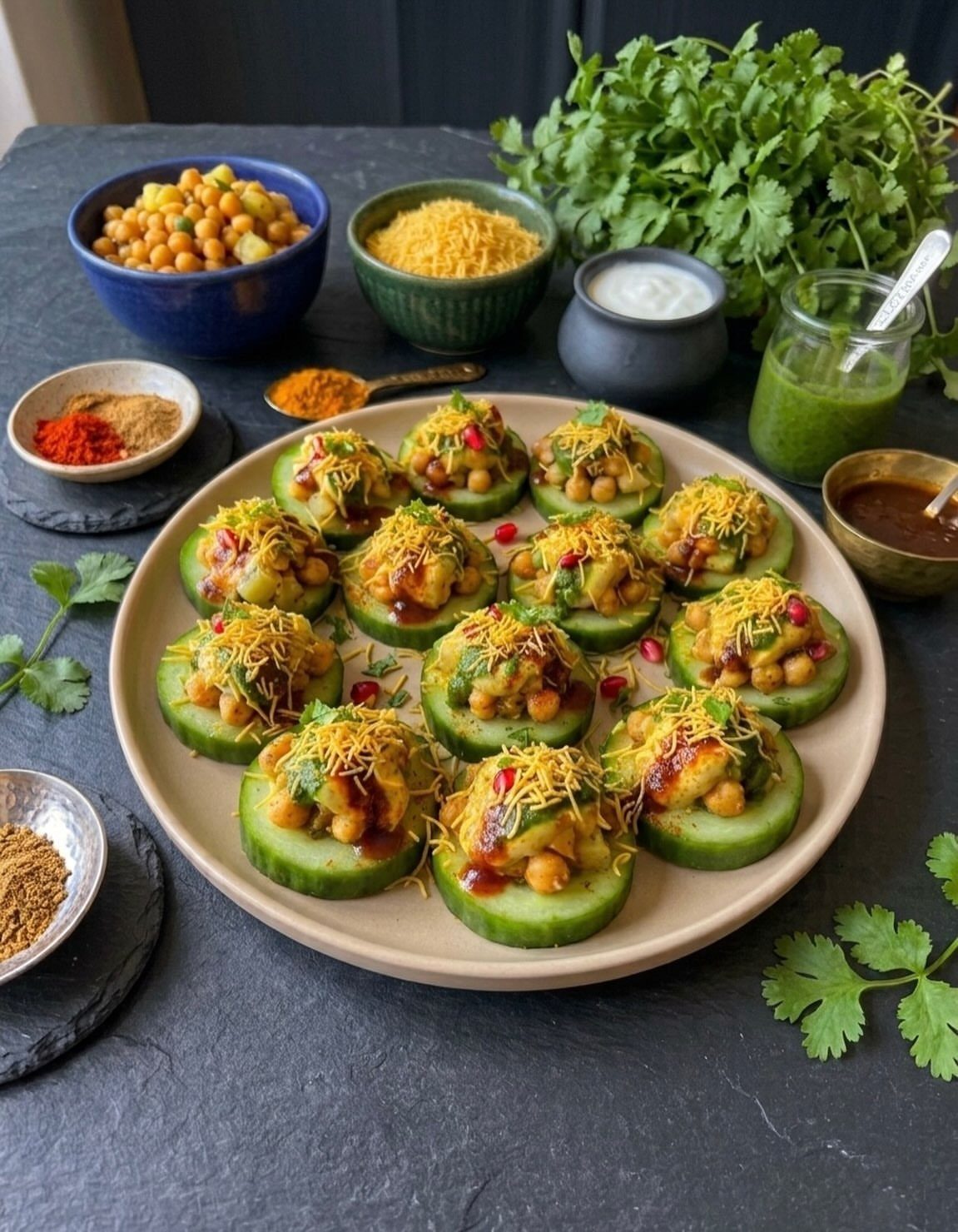Cucumber appetizers topped with chickpeas and pomegranate seeds on a beige platter.