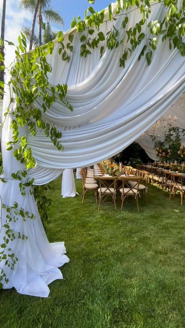 White draped fabric canopy with green vines over wooden tables on a lawn