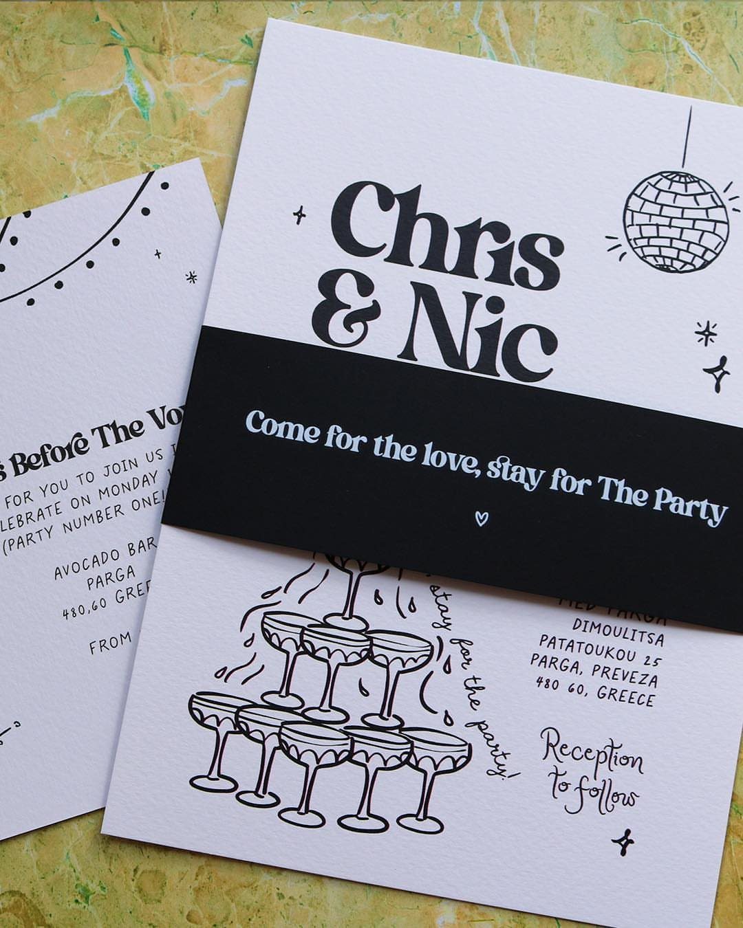Wedding save the date cards with a black belly band and disco ball illustration