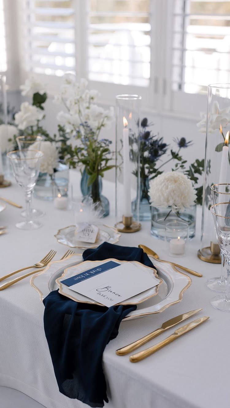 Wedding table setting with gold cutlery, navy napkin, and a white place card.