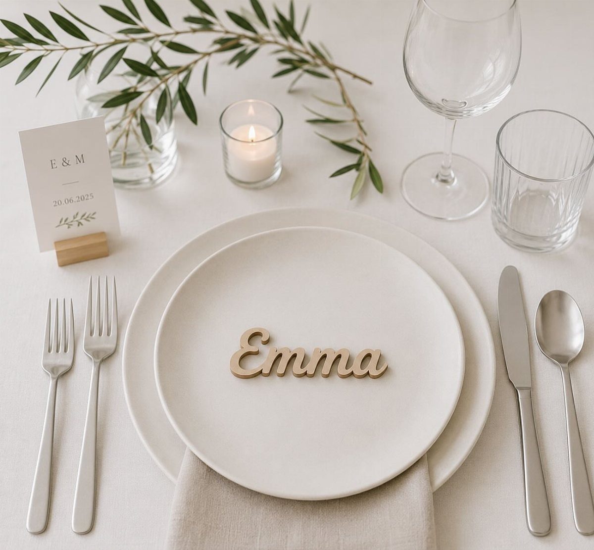 Wooden name cutout for Emma on a white wedding plate with silver cutlery