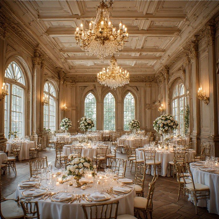 Opulent ballroom with gold ornate walls, crystal chandeliers, and white floral table settings.