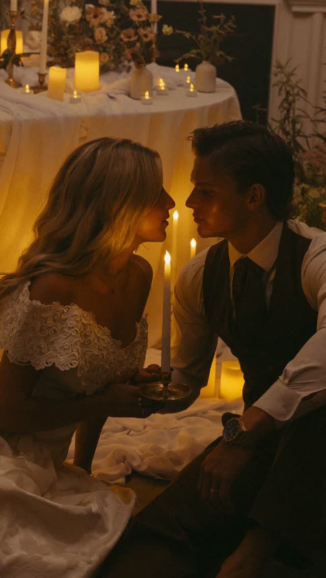 Bride and groom facing each other surrounded by glowing white pillar candles.