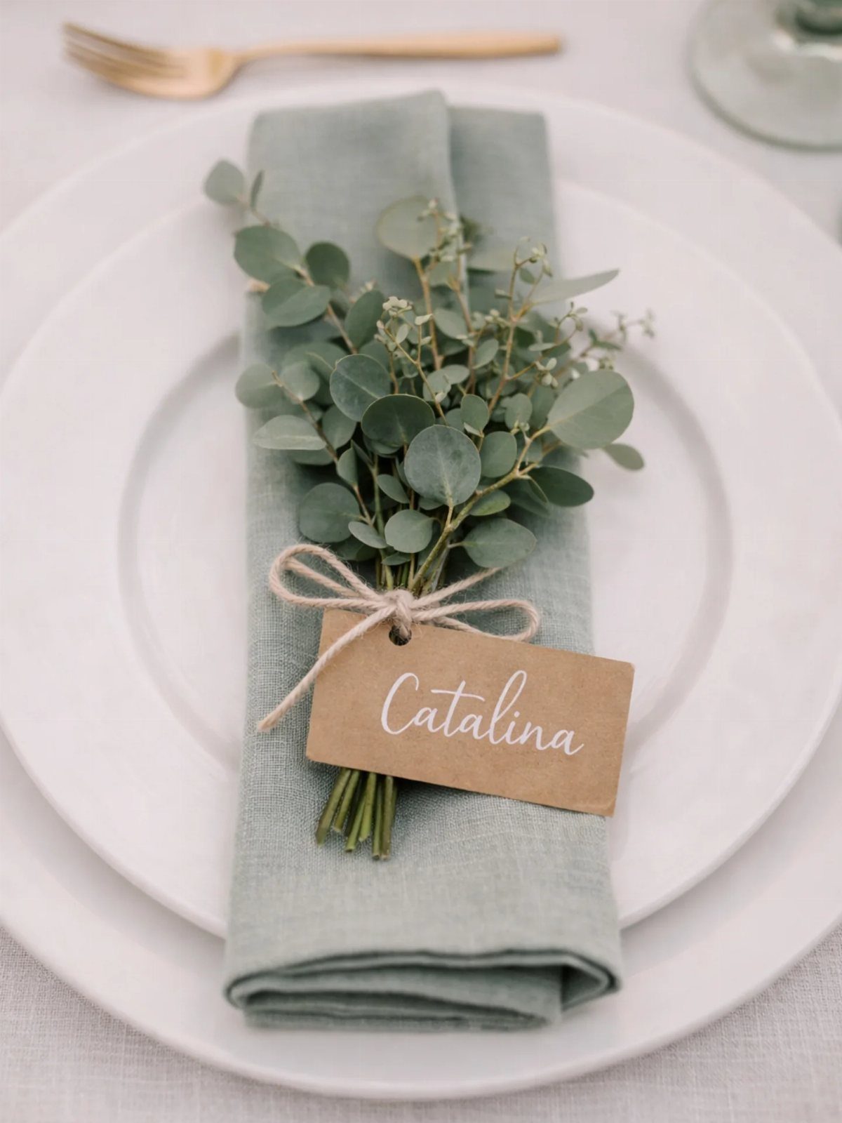 Table setting with sage green napkin, eucalyptus sprig, and personalized name tag.