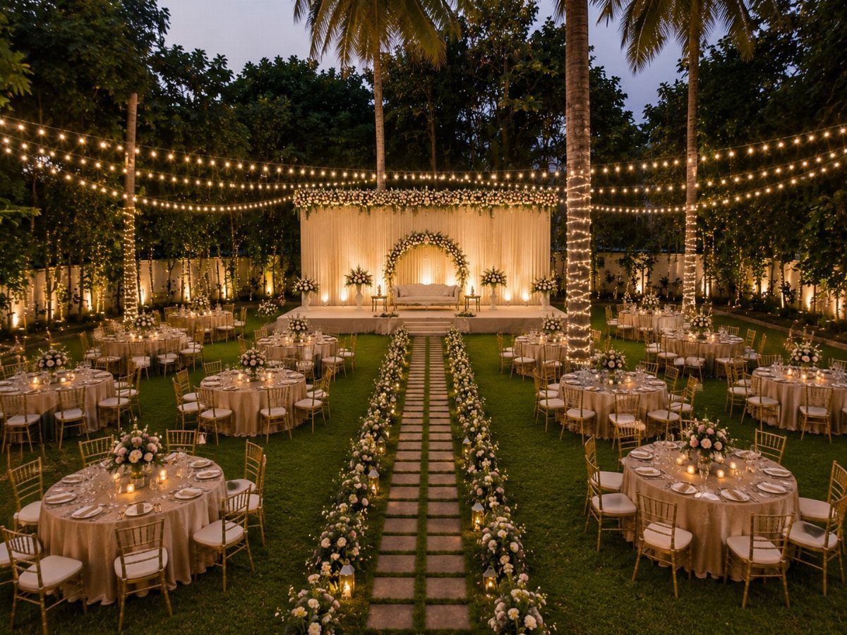 Outdoor wedding reception with round tables, gold chairs, and string lights on grass.