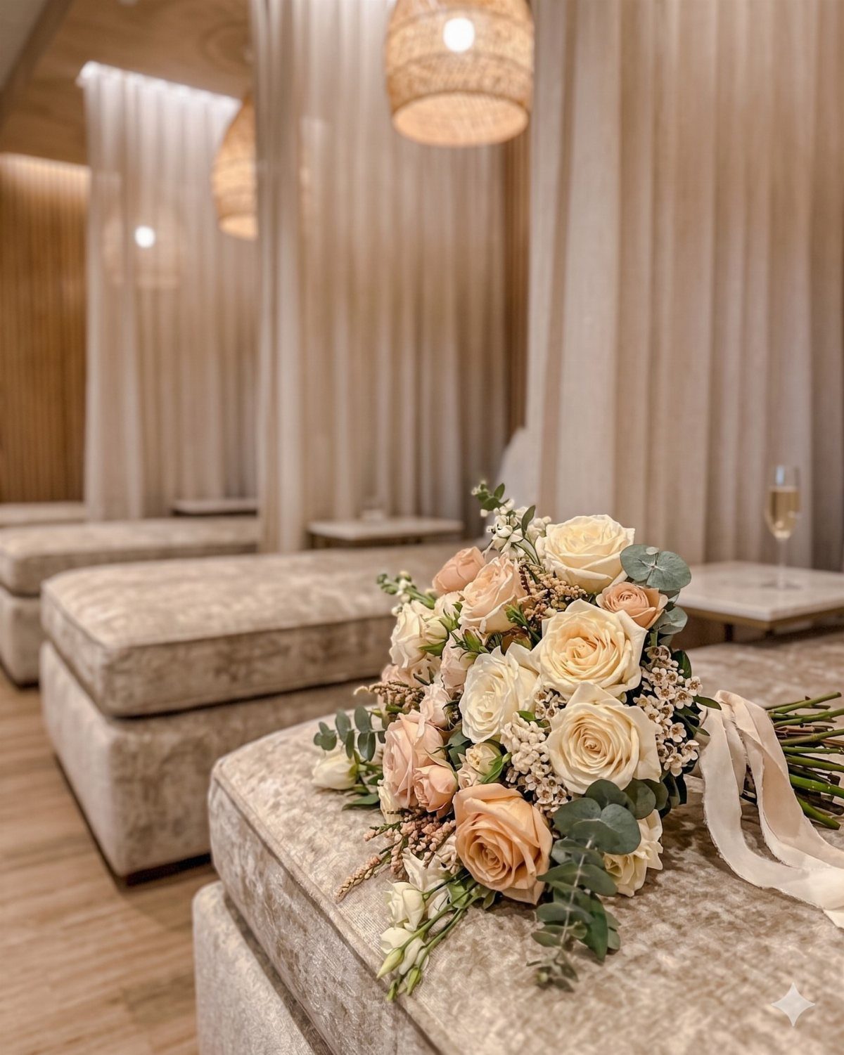 Bridal bouquet of peach and white roses on a luxury spa lounge bed